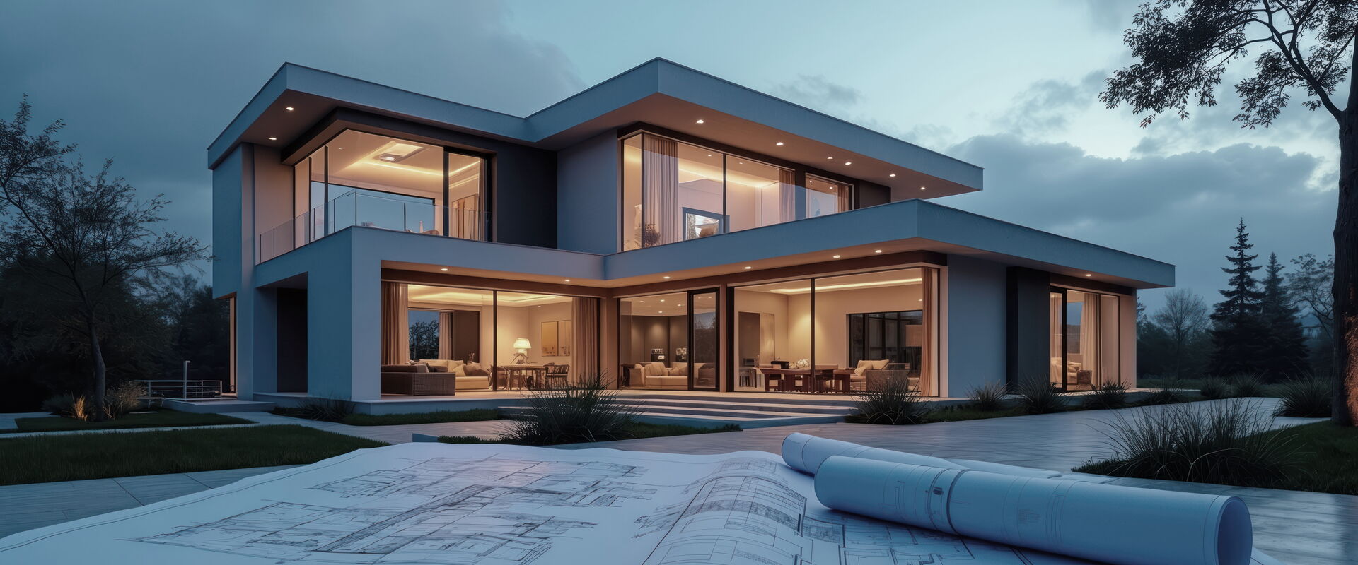 Architekturvisualisierung eines modernen Einfamilienhauses mit Bauplänen im Vordergrund.
