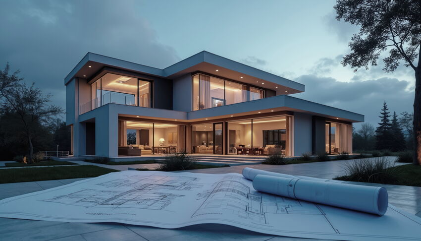 Architekturvisualisierung eines modernen Einfamilienhauses mit Bauplänen im Vordergrund.